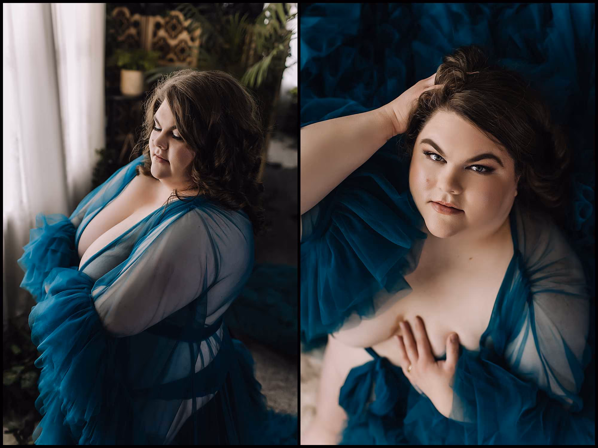 Beautiful brunette wearing teal tulle robe during her boudoir session.