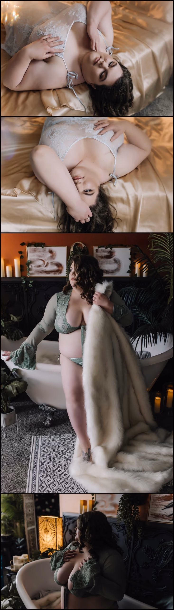 Curvy brunette in sage green two piece lingerie with bell sleeves.