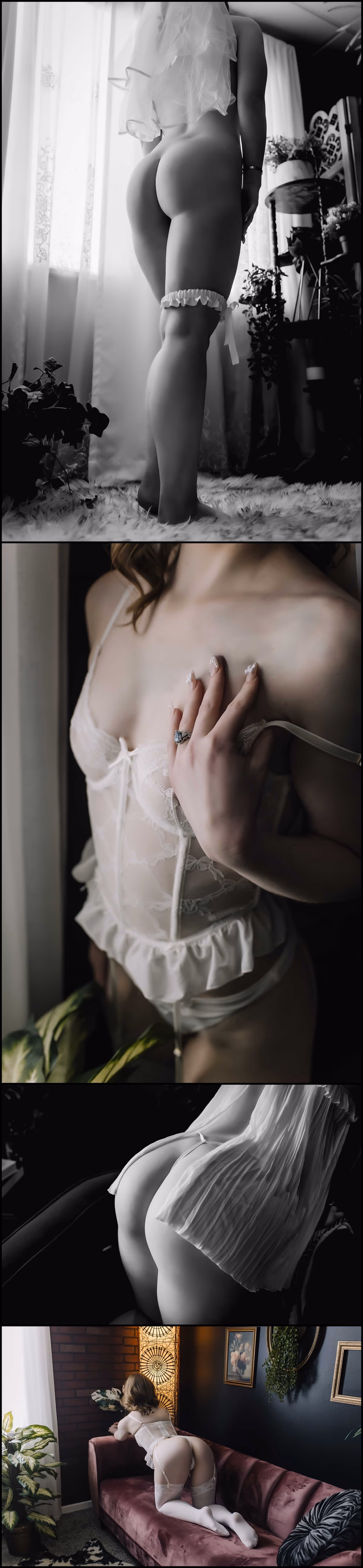 Collection of images of a bridal boudoir shoot. Client is wearing all white lingerie.