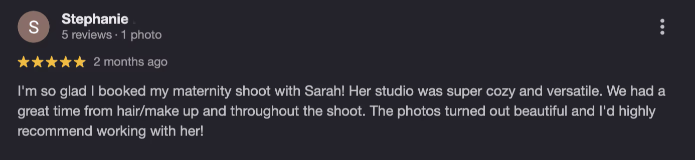 5-star review by Alicia about her portrait expererience at the studio of Paolo Portraits in Charleston 
